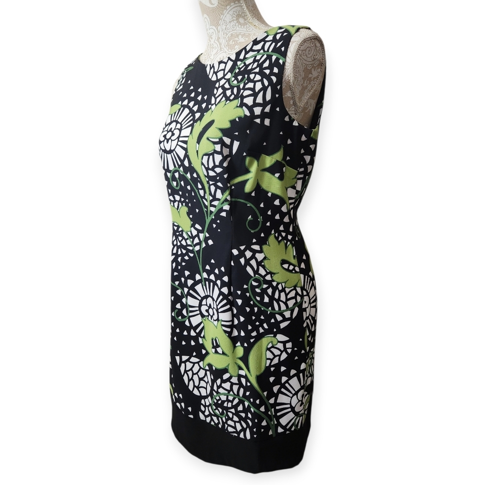 Alyx Petite Sleeveless Sheath Dress Black White Green Geometric Floral Sz 10P